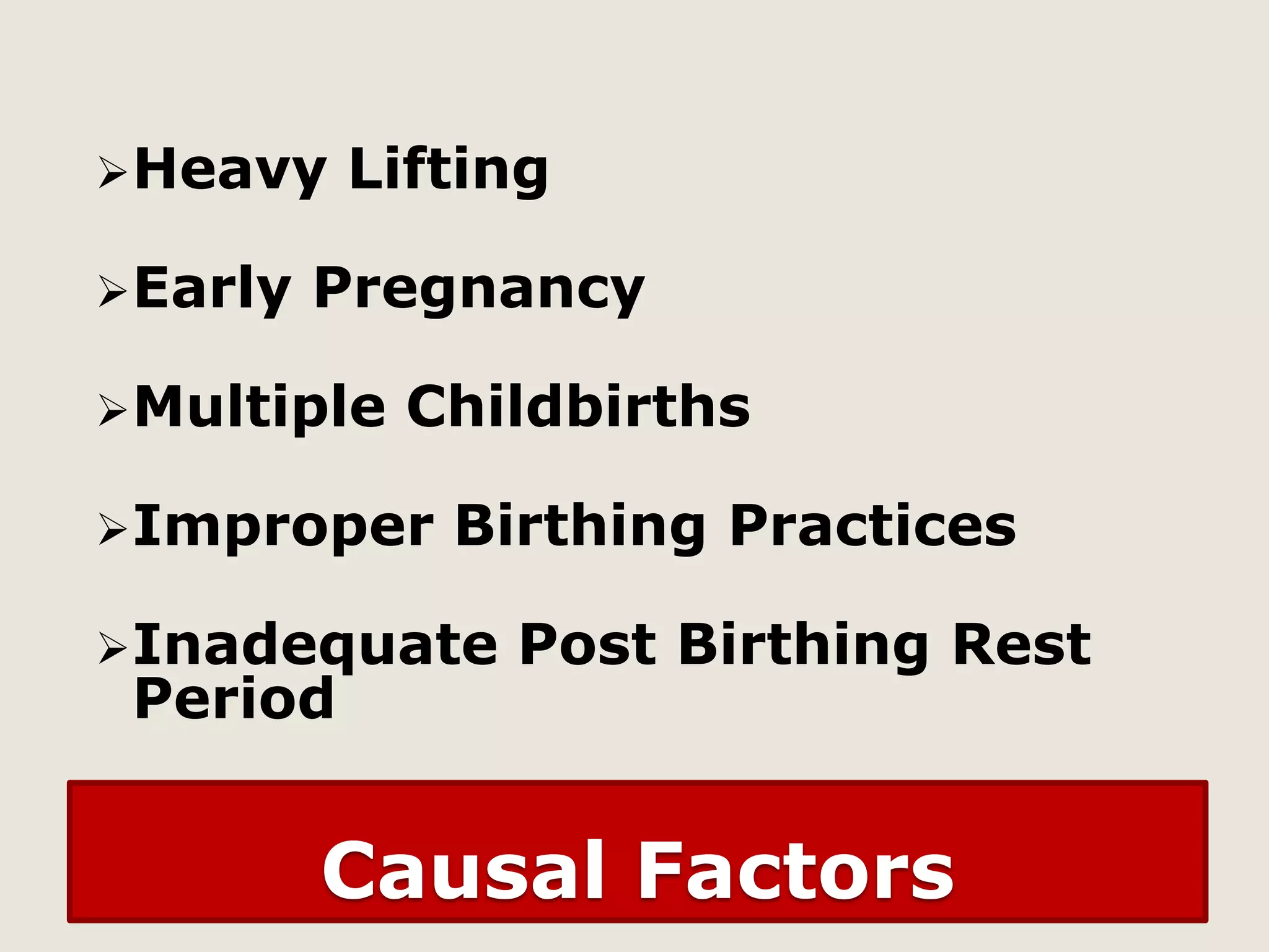 Heavy
Early

Lifting

Pregnancy

Multiple

Childbirths

Improper

Birthing Practices

Inadequate

Period

Post Birthing Rest

Causal Factors

 