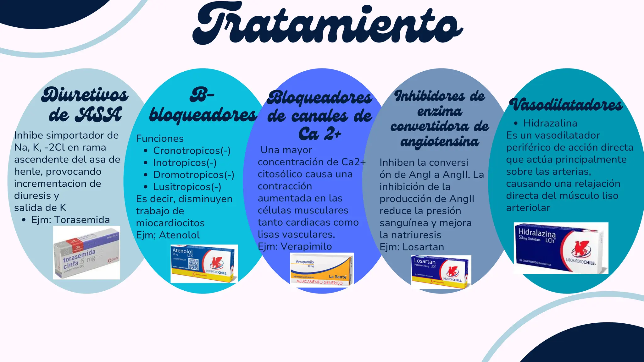 Tratamiento
Inhibe simportador de
Na, K, -2Cl en rama
ascendente del asa de
henle, provocando
incrementacion de
diuresis y
salida de K
Ejm: Torasemida
Diuretivos
de ASA
B-
bloqueadores
Funciones
Cronotropicos(-)
Inotropicos(-)
Dromotropicos(-)
Lusitropicos(-)
Es decir, disminuyen
trabajo de
miocardiocitos
Ejm; Atenolol
Bloqueadores
de canales de
Ca 2+
Una mayor
concentración de Ca2+
citosólico causa una
contracción
aumentada en las
células musculares
tanto cardiacas como
lisas vasculares.
Ejm: Verapimilo
Inhibidores de
enzima
convertidora de
angiotensina
Inhiben la conversi
ón de AngI a AngII. La
inhibición de la
producción de AngII
reduce la presión
sanguínea y mejora
la natriuresis
Ejm: Losartan
Vasodilatadores
Hidrazalina
Es un vasodilatador
periférico de acción directa
que actúa principalmente
sobre las arterias,
causando una relajación
directa del músculo liso
arteriolar
 