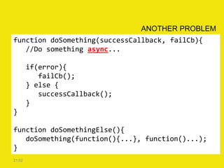function doSomething(successCallback, failCb){
//Do something async...
if(error){
failCb();
} else {
successCallback();
}
}
function doSomethingElse(){
doSomething(function(){...}, function()...);
}
21:02
ANOTHER PROBLEM
 