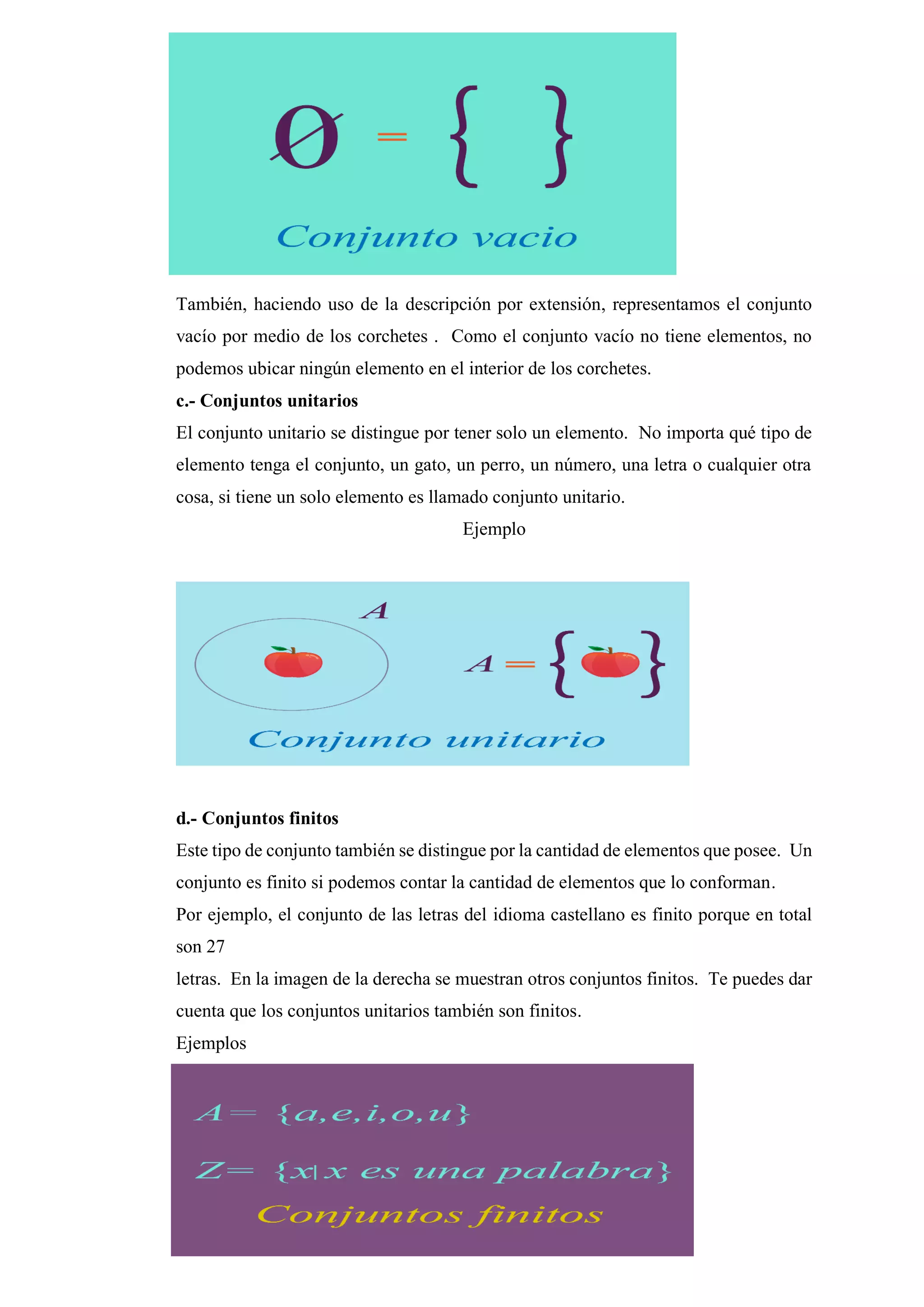 También, haciendo uso de la descripción por extensión, representamos el conjunto
vacío por medio de los corchetes . Como el conjunto vacío no tiene elementos, no
podemos ubicar ningún elemento en el interior de los corchetes.
c.- Conjuntos unitarios
El conjunto unitario se distingue por tener solo un elemento. No importa qué tipo de
elemento tenga el conjunto, un gato, un perro, un número, una letra o cualquier otra
cosa, si tiene un solo elemento es llamado conjunto unitario.
Ejemplo
d.- Conjuntos finitos
Este tipo de conjunto también se distingue por la cantidad de elementos que posee. Un
conjunto es finito si podemos contar la cantidad de elementos que lo conforman.
Por ejemplo, el conjunto de las letras del idioma castellano es finito porque en total
son 27
letras. En la imagen de la derecha se muestran otros conjuntos finitos. Te puedes dar
cuenta que los conjuntos unitarios también son finitos.
Ejemplos
 