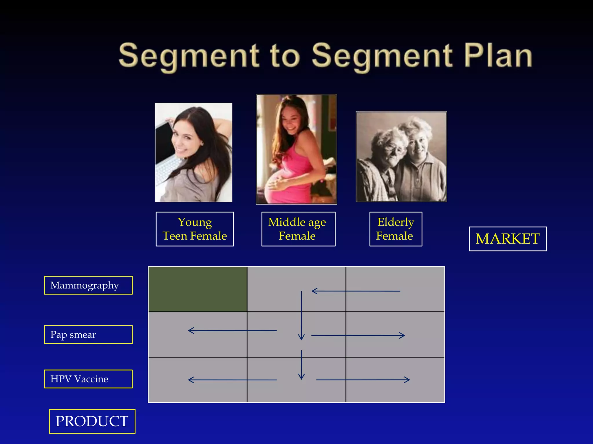 	Segment to Segment PlanMiddle age Female ElderlyFemale YoungTeen FemaleMARKETMammographyPap smearHPV VaccinePRODUCT