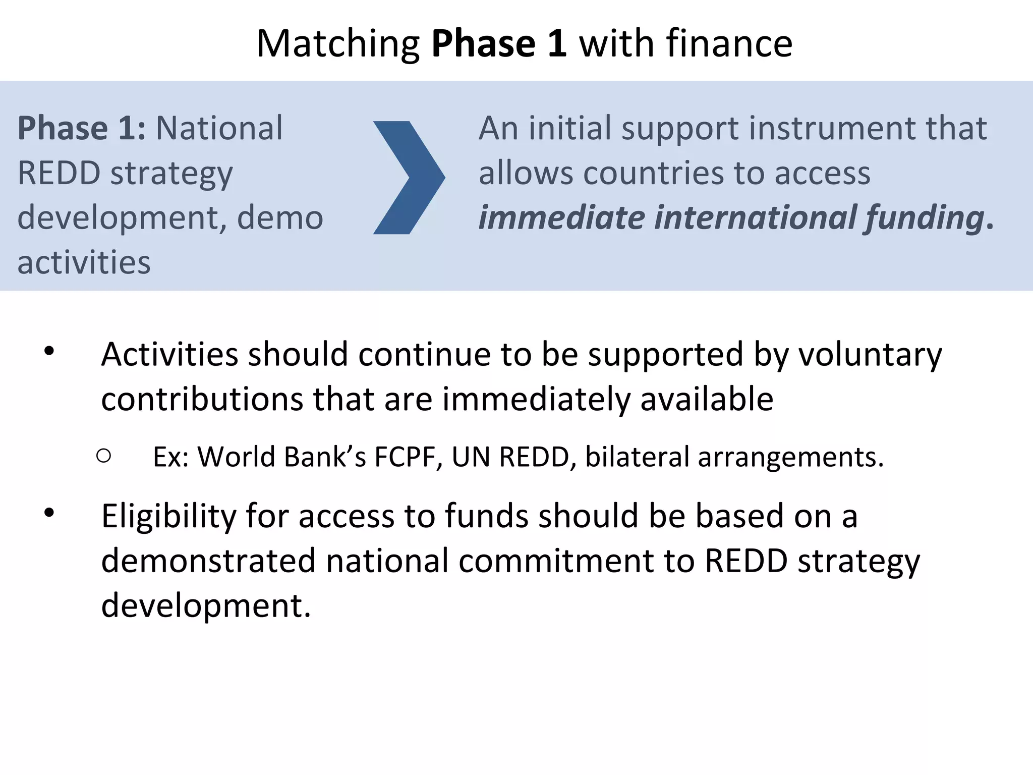 An initial support instrument that allows countries to access  immediate international funding . Phase 1:  National REDD strategy development, demo activities  Matching  Phase 1  with finance Activities should continue to be supported by voluntary contributions that are immediately available Ex: World Bank’s FCPF, UN REDD, bilateral arrangements.  Eligibility for access to funds should be based on a demonstrated national commitment to REDD strategy development. 