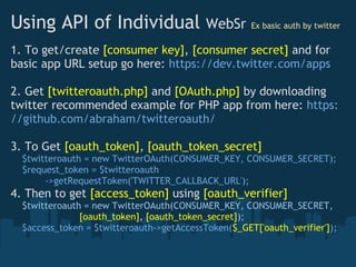 Using API of Individual                     WebSr Ex basic auth by twitter
1. To get/create [consumer key], [consumer secret] and for
basic app URL setup go here: https://dev.twitter.com/apps

2. Get [twitteroauth.php] and [OAuth.php] by downloading
twitter recommended example for PHP app from here: https:
//github.com/abraham/twitteroauth/ 

3. To Get [oauth_token], [oauth_token_secret]
    $twitteroauth = new TwitterOAuth(CONSUMER_KEY, CONSUMER_SECRET);
    $request_token = $twitteroauth
            ->getRequestToken('TWITTER_CALLBACK_URL');
4. Then to get [access_token] using [oauth_verifier]
    $twitteroauth = new TwitterOAuth(CONSUMER_KEY, CONSUMER_SECRET,
                        [oauth_token], [oauth_token_secret]);
    $access_token = $twitteroauth->getAccessToken($_GET['oauth_verifier']);
 