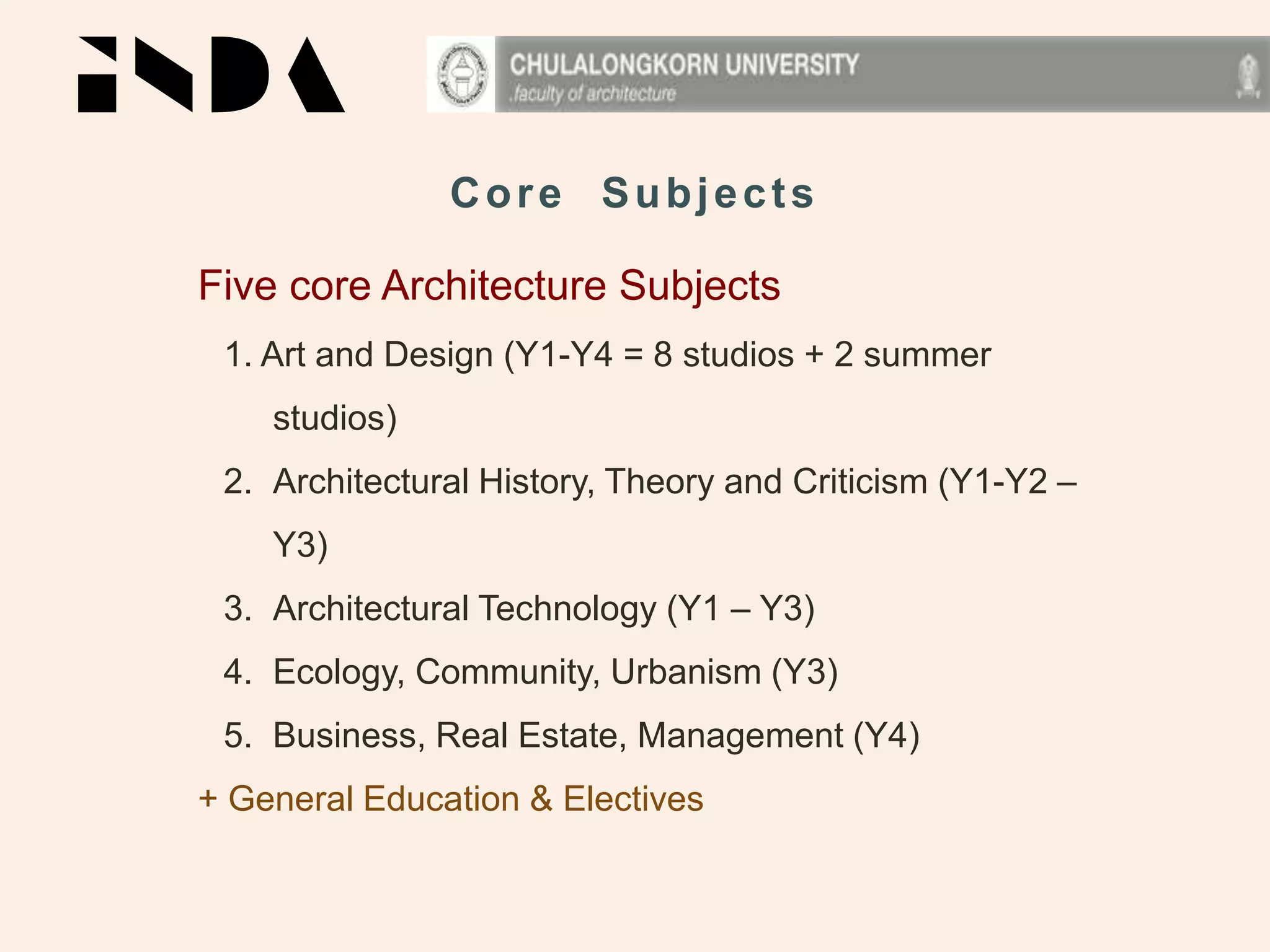 Five core Architecture Subjects
1. Art and Design (Y1-Y4 = 8 studios + 2 summer
studios)
2. Architectural History, Theory and Criticism (Y1-Y2 –
Y3)
3. Architectural Technology (Y1 – Y3)
4. Ecology, Community, Urbanism (Y3)
5. Business, Real Estate, Management (Y4)
+ General Education & Electives
Core Subjects
 