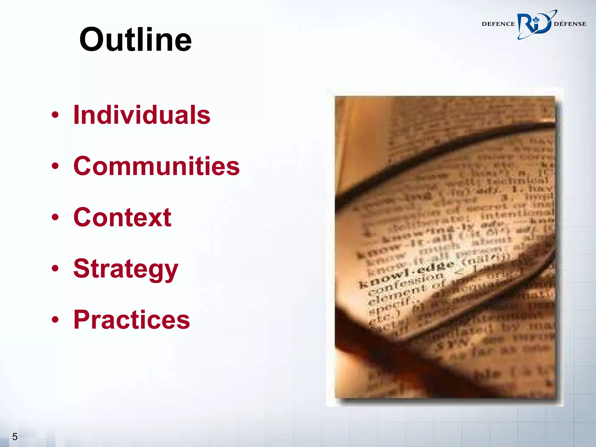 Outline Individuals Communities Context Strategy Practices 