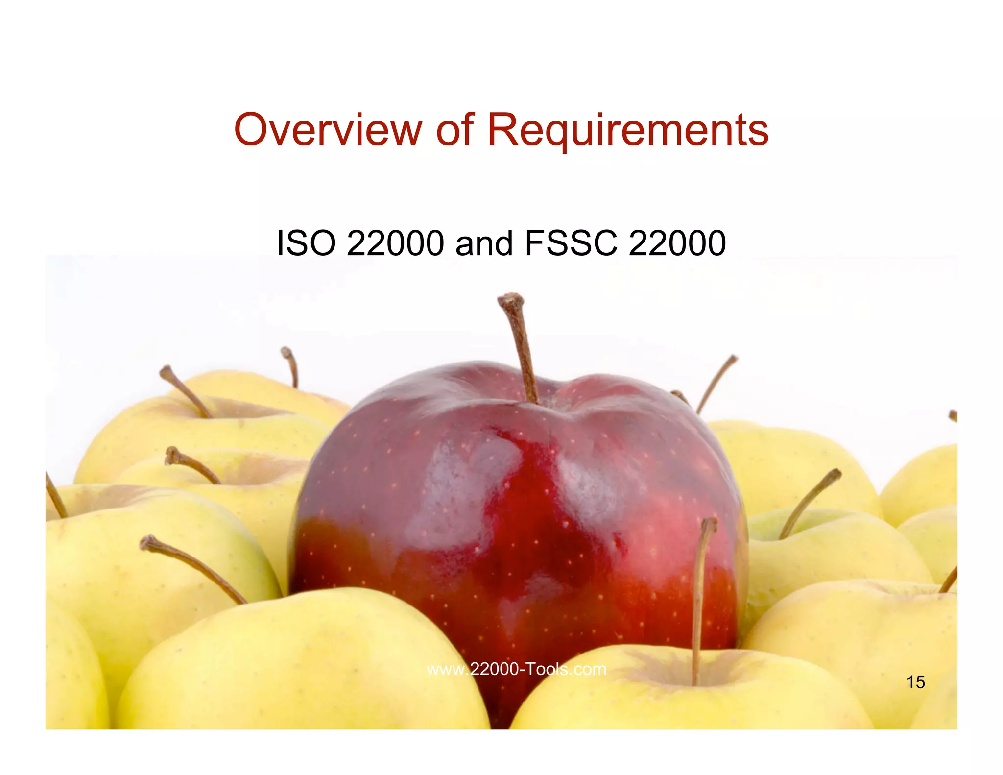 Overview of Requirements

 ISO 22000 and FSSC 22000




         www.22000-Tools.com
                               15
 