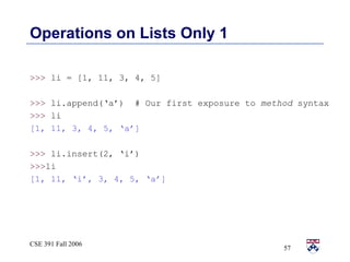 Operations on Lists Only 1  >>>  li = [1, 11, 3, 4, 5] >>>  li.append(‘a’) # Our first exposure to  method  syntax >>>  li [1, 11, 3, 4, 5, ‘a’] >>>  li.insert(2, ‘i’) >>> li [1, 11, ‘i’, 3, 4, 5, ‘a’] 