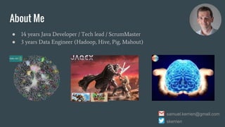 About Me
● 14 years Java Developer / Tech lead / ScrumMaster
● 3 years Data Engineer (Hadoop, Hive, Pig, Mahout)
skerrien
samuel.kerrien@gmail.com
 
