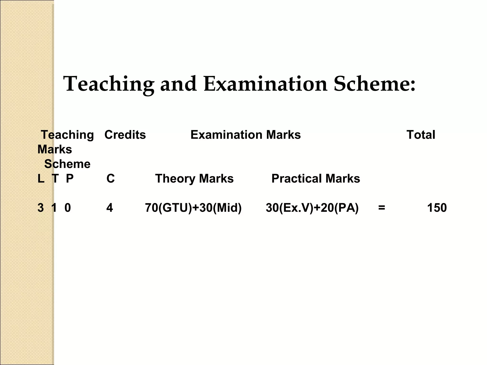Teaching and Examination Scheme:
Teaching Credits Examination Marks Total
Marks
Scheme
L T P C Theory Marks Practical Marks
3 1 0 4 70(GTU)+30(Mid) 30(Ex.V)+20(PA) = 150
 