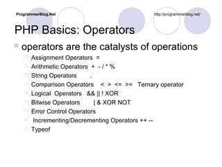 PHP Basics: Operators
operators are the catalysts of operations
 Assignment Operators =
 Arithmetic Operators + - / * %
 String Operators .
 Comparison Operators < > <= >= Ternary operator
 Logical Operators && || ! XOR
 Bitwise Operators | & XOR NOT
 Error Control Operators
 Incrementing/Decrementing Operators ++ --
 Typeof
ProgrammerBlog.Net http://programmerblog.net/
 