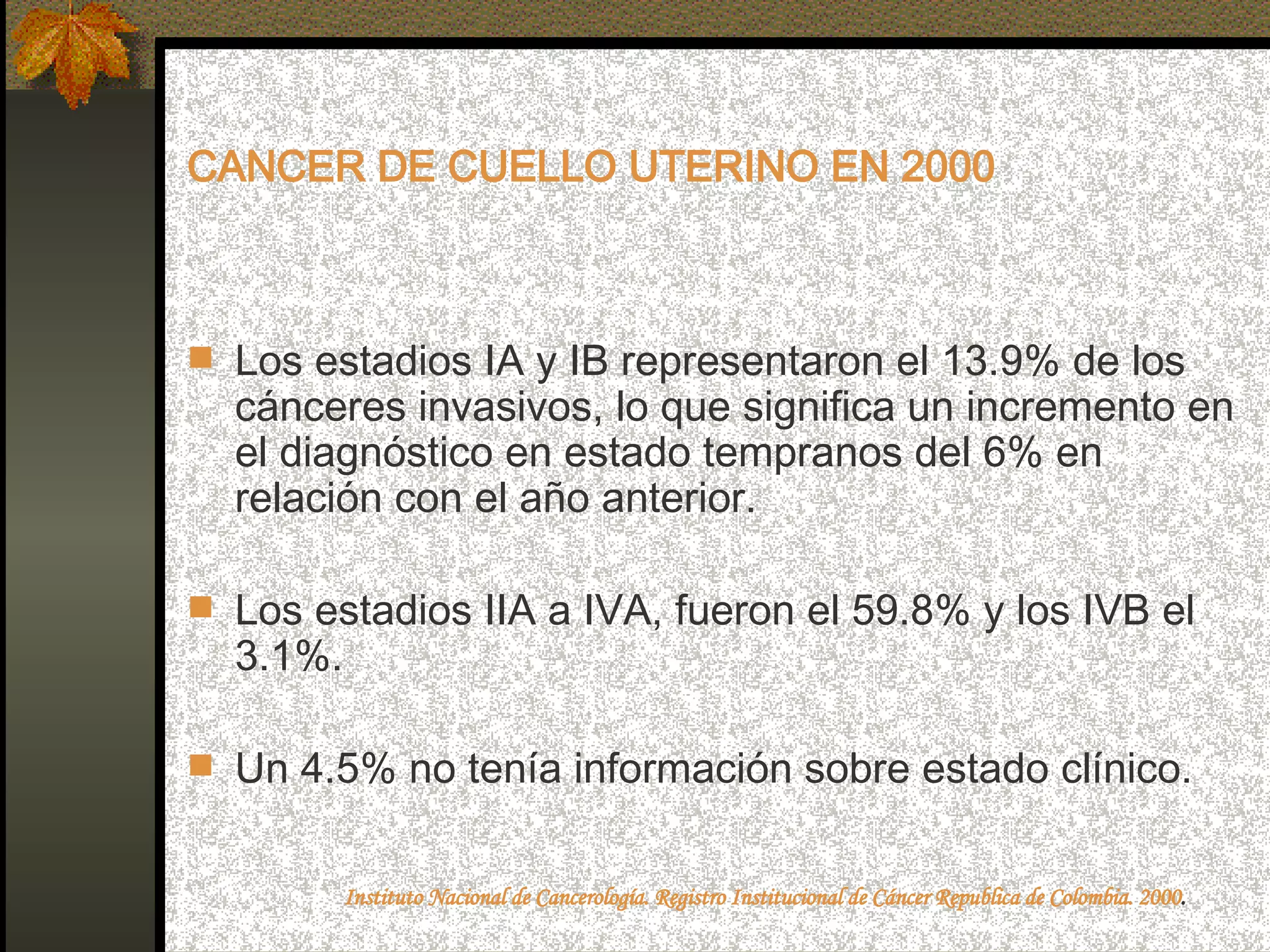 CANCER DE CUELLO UTERINO EN 2000 Los estadios IA y IB representaron el 13.9% de los cánceres invasivos, lo que significa un incremento en el diagnóstico en estado tempranos del 6% en relación con el año anterior.  Los estadios IIA a IVA, fueron el 59.8% y los IVB el 3.1%.  Un 4.5% no tenía información sobre estado clínico. Instituto Nacional de Cancerología. Registro Institucional de Cáncer Republica de Colombia. 2000 .   