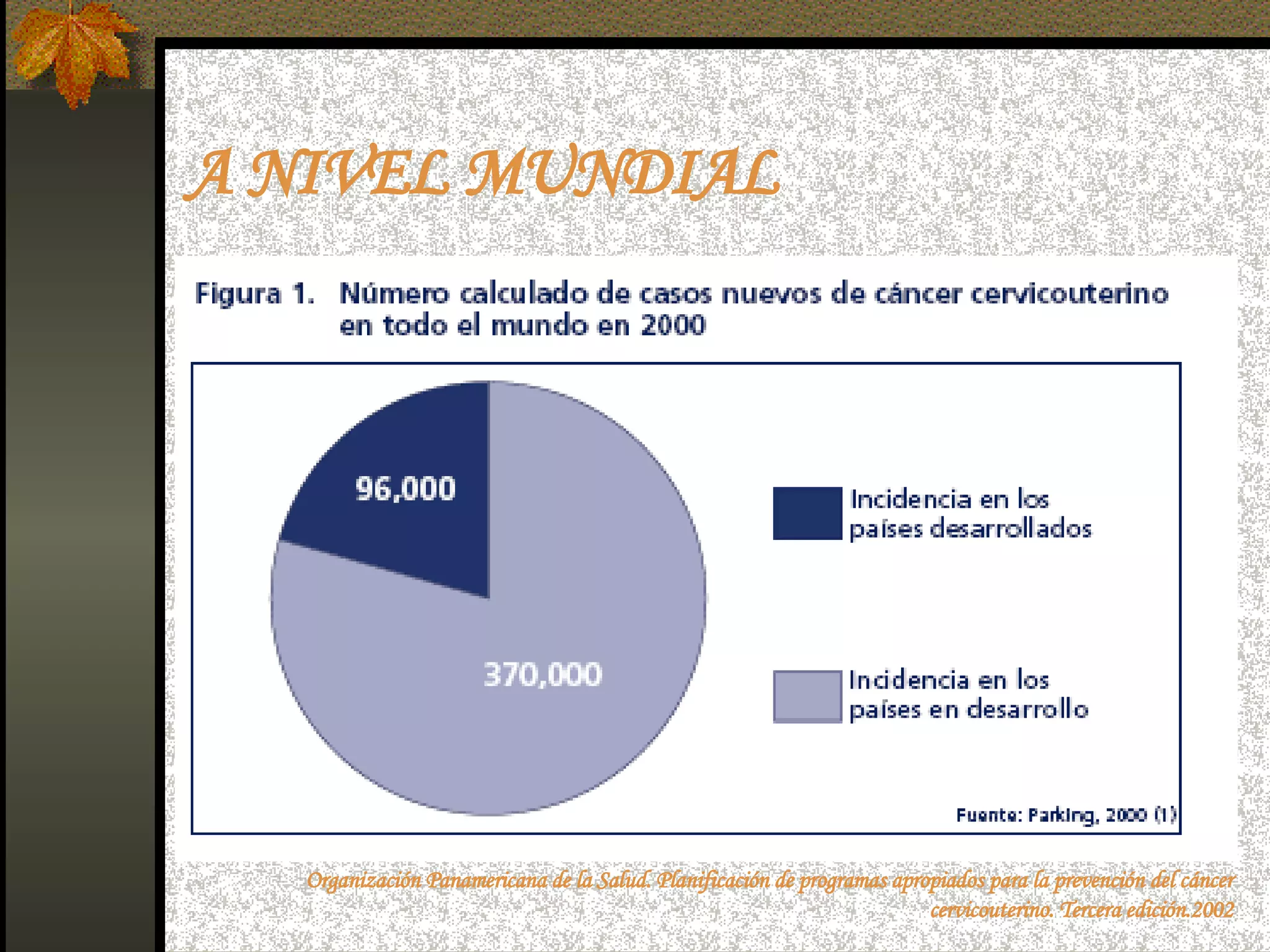 A NIVEL MUNDIAL Organización Panamericana de la Salud. Planificación de programas apropiados para la prevención del cáncer cervicouterino. Tercera edición.2002 