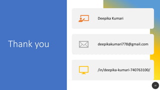 Thank you
Deepika Kumari
deepikakumari778@gmail.com
/in/deepika-kumari-740763100/
20
 