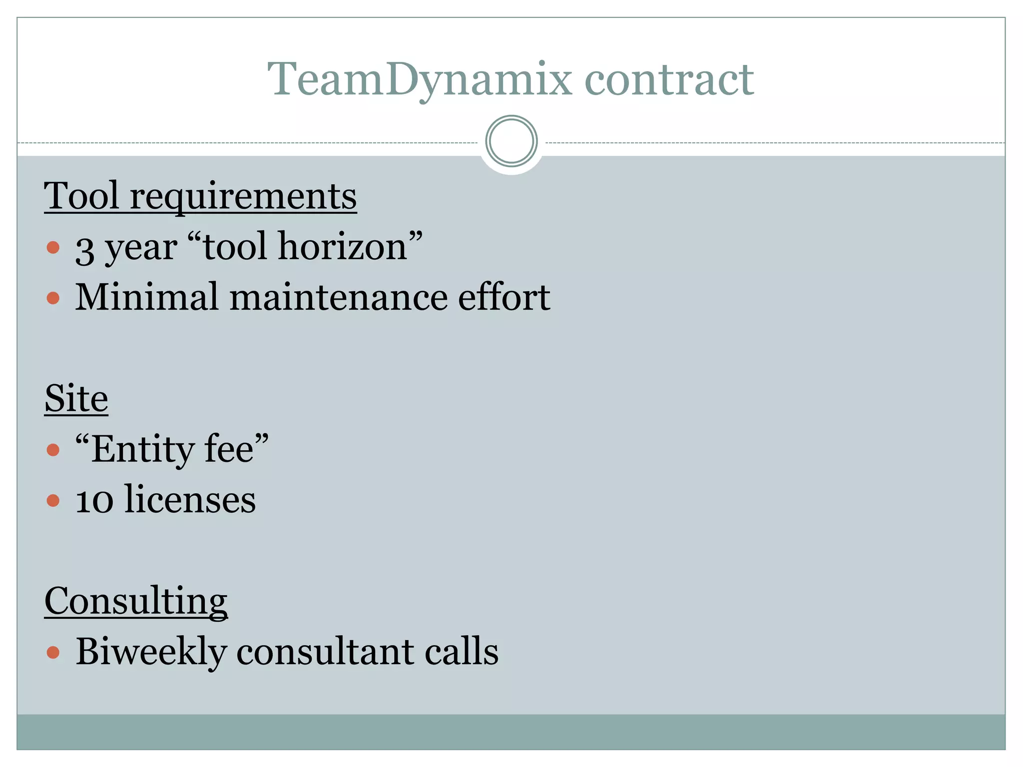 TeamDynamix contract
Tool requirements
 3 year “tool horizon”
 Minimal maintenance effort
Site
 “Entity fee”
 10 licenses
Consulting
 Biweekly consultant calls
 