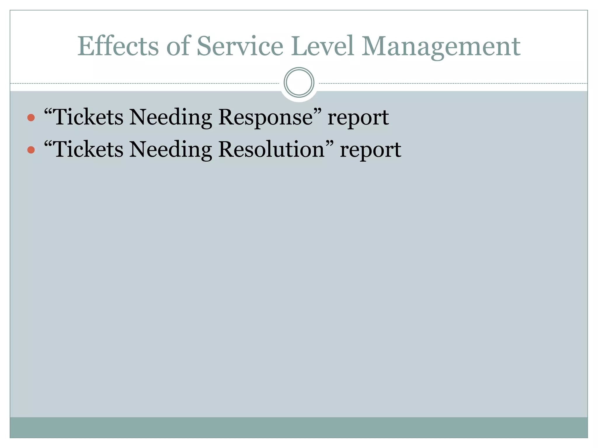 Effects of Service Level Management
 “Tickets Needing Response” report
 “Tickets Needing Resolution” report
 
