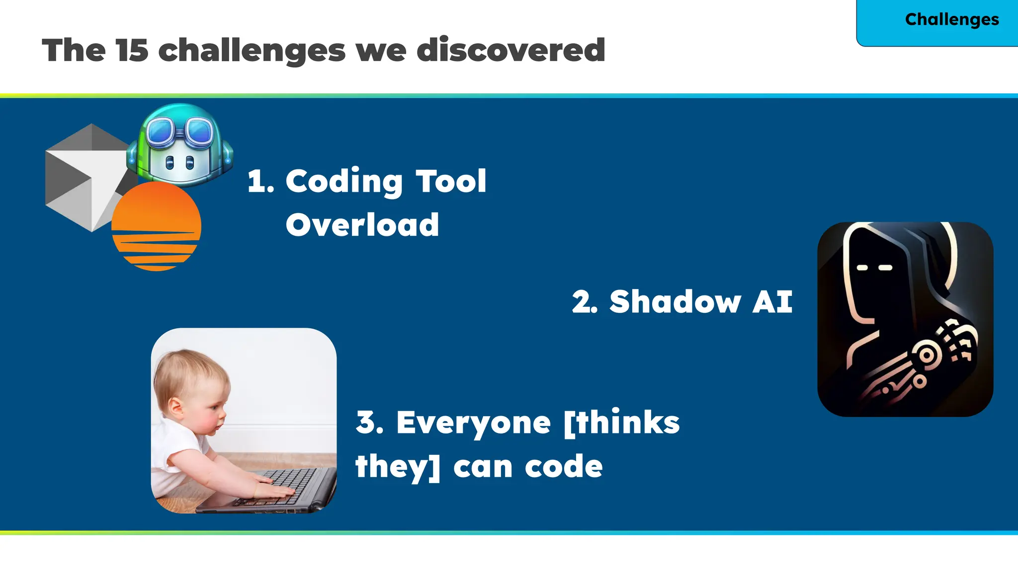 The 15 challenges we discovered
1. Coding Tool
Overload
2. Shadow AI
3. Everyone [thinks
they] can code
Challenges
 