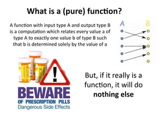 What is a (pure) function? 
A function with input type A and output type B 
is a computation which relates every value a of 
type A to exactly one value b of type B such 
that b is determined solely by the value of a 
But, if it really is a 
function, it will do 
nothing else 
 