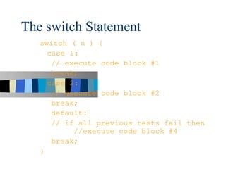 The switch Statement
   switch ( n ) {
     case 1:
      // execute code block #1
      break;
     case 2:
      // execute code block #2
      break;
      default:
      // if all previous tests fail then
           //execute code block #4
      break;
   }
 