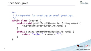 Greeter.java


       /**
        * A component for creating personal greetings.
        */
       public class Greeter {
           public void greet(PrintStream to, String name) {
               to.println(createGreeting(name));
           }
           public String createGreeting(String name) {
               return "Hello, " + name + "!";
           }
       }



36
 