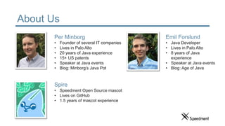 About Us
Per Minborg
• Founder of several IT companies
• Lives in Palo Alto
• 20 years of Java experience
• 15+ US patents
• Speaker at Java events
• Blog: Minborg’s Java Pot
Emil Forslund
• Java Developer
• Lives in Palo Alto
• 8 years of Java
experience
• Speaker at Java events
• Blog: Age of Java
Spire
• Speedment Open Source mascot
• Lives on GitHub
• 1.5 years of mascot experience
 