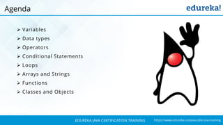 `
https://www.edureka.co/java-j2ee-soa-trainingEDUREKA JAVA CERTIFICATION TRAINING
➢ Variables
➢ Data types
➢ Operators
➢ Conditional Statements
➢ Loops
➢ Arrays and Strings
➢ Functions
➢ Classes and Objects
Agenda
 