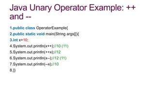 Java Unary Operator Example: ++
and --
1.public class OperatorExample{
2.public static void main(String args[]){
3.int x=10;
4.System.out.println(x++);//10 (11)
5.System.out.println(++x);//12
6.System.out.println(x--);//12 (11)
7.System.out.println(--x);//10
8.}}
 