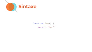 Sintaxe
function foo() {
return 'bar';
}
 