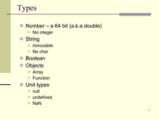 Types Number – a 64 bit (a.k.a double) No integer String immutable No char Boolean Objects Array Function Unit types null undefined NaN 