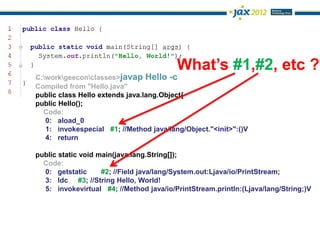 What’s #1,#2, etc ?
C:workgeeconclasses>javap Hello -c
Compiled from "Hello.java"
public class Hello extends java.lang.Object{
public Hello();
  Code:
   0: aload_0
   1: invokespecial #1; //Method java/lang/Object."<init>":()V
   4: return

public static void main(java.lang.String[]);
  Code:
  0: getstatic      #2; //Field java/lang/System.out:Ljava/io/PrintStream;
  3: ldc #3; //String Hello, World!
  5: invokevirtual #4; //Method java/io/PrintStream.println:(Ljava/lang/String;)V
 
