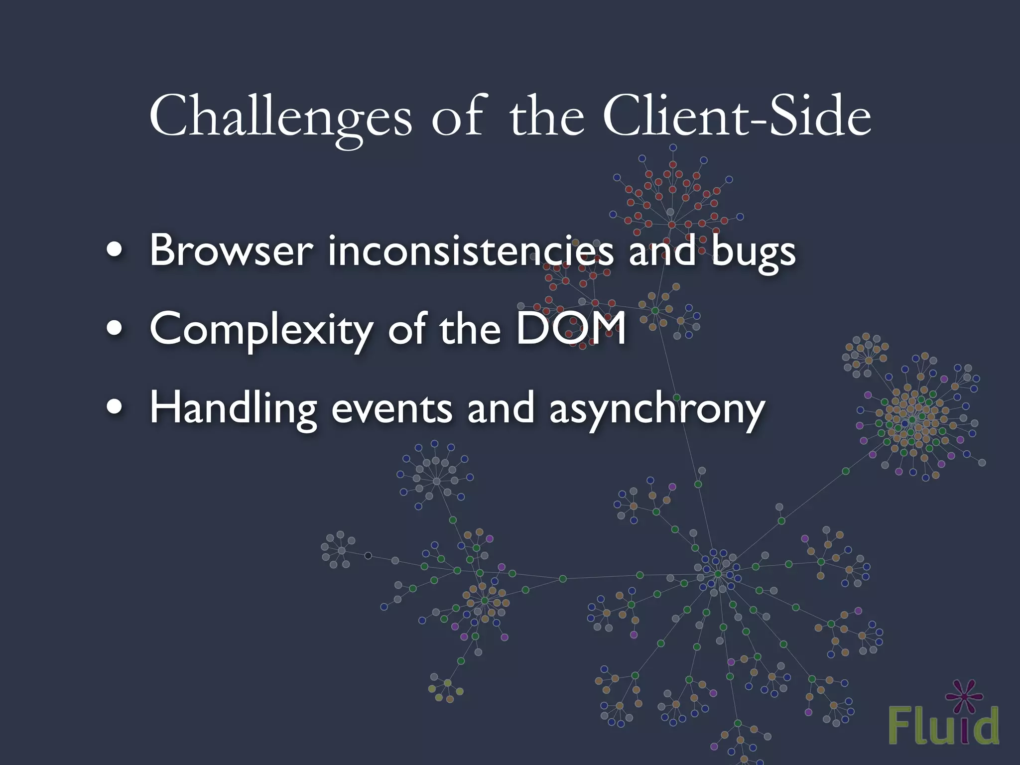 Challenges of the Client-Side

• Browser inconsistencies and bugs
• Complexity of the DOM
• Handling events and asynchrony
 