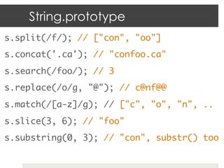 String.prototype
s.split(/f/); // ["con", "oo"]	
s.concat('.ca'); // "confoo.ca"	
s.search(/foo/); // 3	
s.replace(/o/g, "@"); // c@nf@@	
s.match(/[a-z]/g); // ["c", "o", "n", ..	
s.slice(3, 6); // "foo"	
s.substring(0, 3); // "con", substr() too	
 