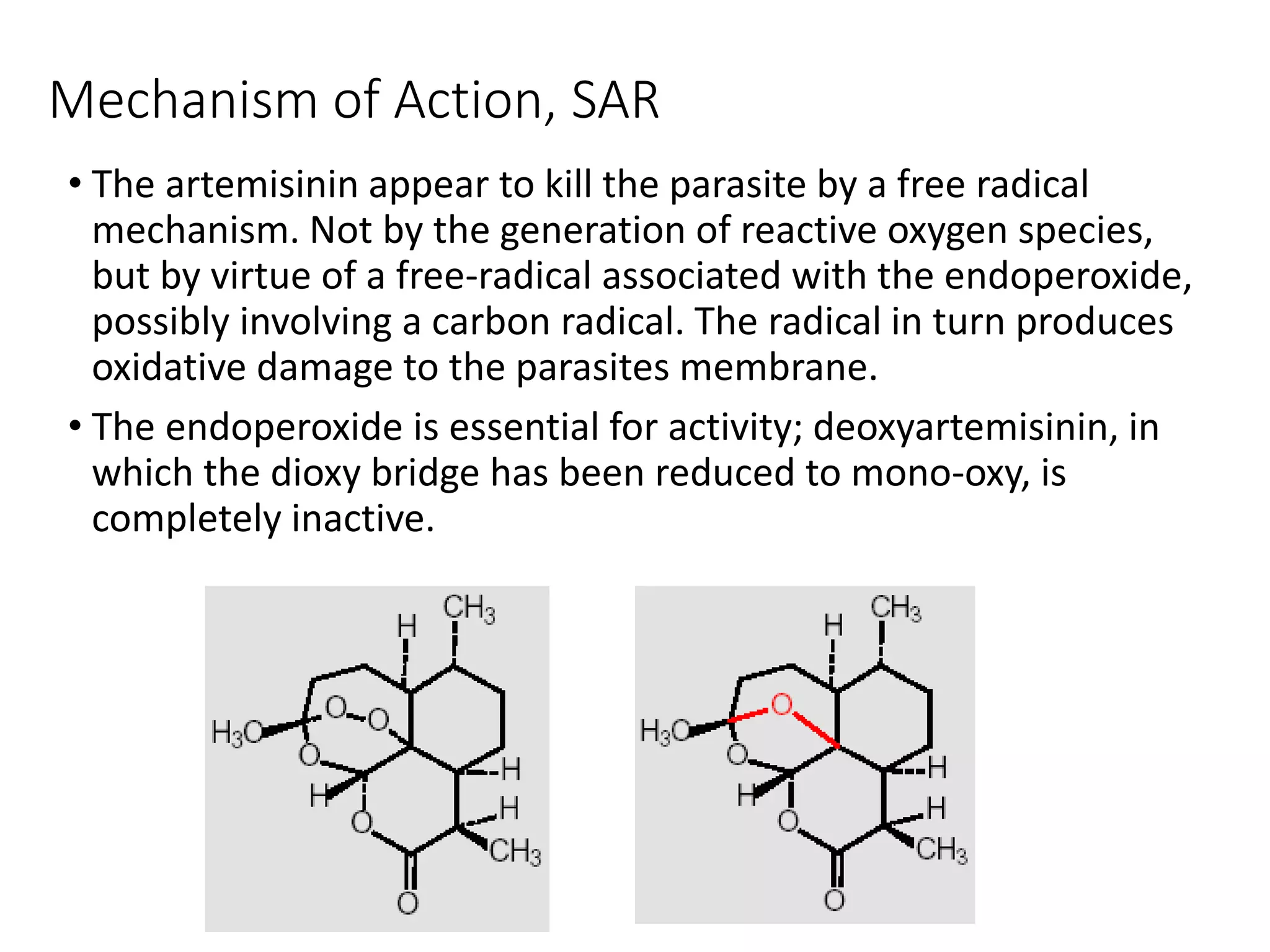 Mechanism of Action, SAR
• The artemisinin appear to kill the parasite by a free radical
mechanism. Not by the generation of reactive oxygen species,
but by virtue of a free-radical associated with the endoperoxide,
possibly involving a carbon radical. The radical in turn produces
oxidative damage to the parasites membrane.
• The endoperoxide is essential for activity; deoxyartemisinin, in
which the dioxy bridge has been reduced to mono-oxy, is
completely inactive.
 