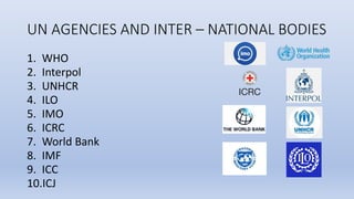 UN AGENCIES AND INTER – NATIONAL BODIES
1. WHO
2. Interpol
3. UNHCR
4. ILO
5. IMO
6. ICRC
7. World Bank
8. IMF
9. ICC
10.ICJ
 
