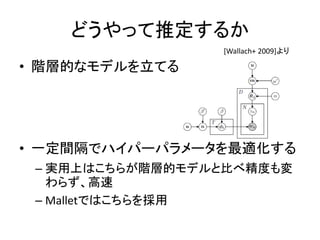 どうやって推定するか
                 [Wallach+ 2009]より

• 階層的なモデルを立てる




• 一定間隔でハイパーパラメータを最適化する
 – 実用上はこちらが階層的モデルと比べ精度も変
   わらず、高速
 – Malletではこちらを採用
 