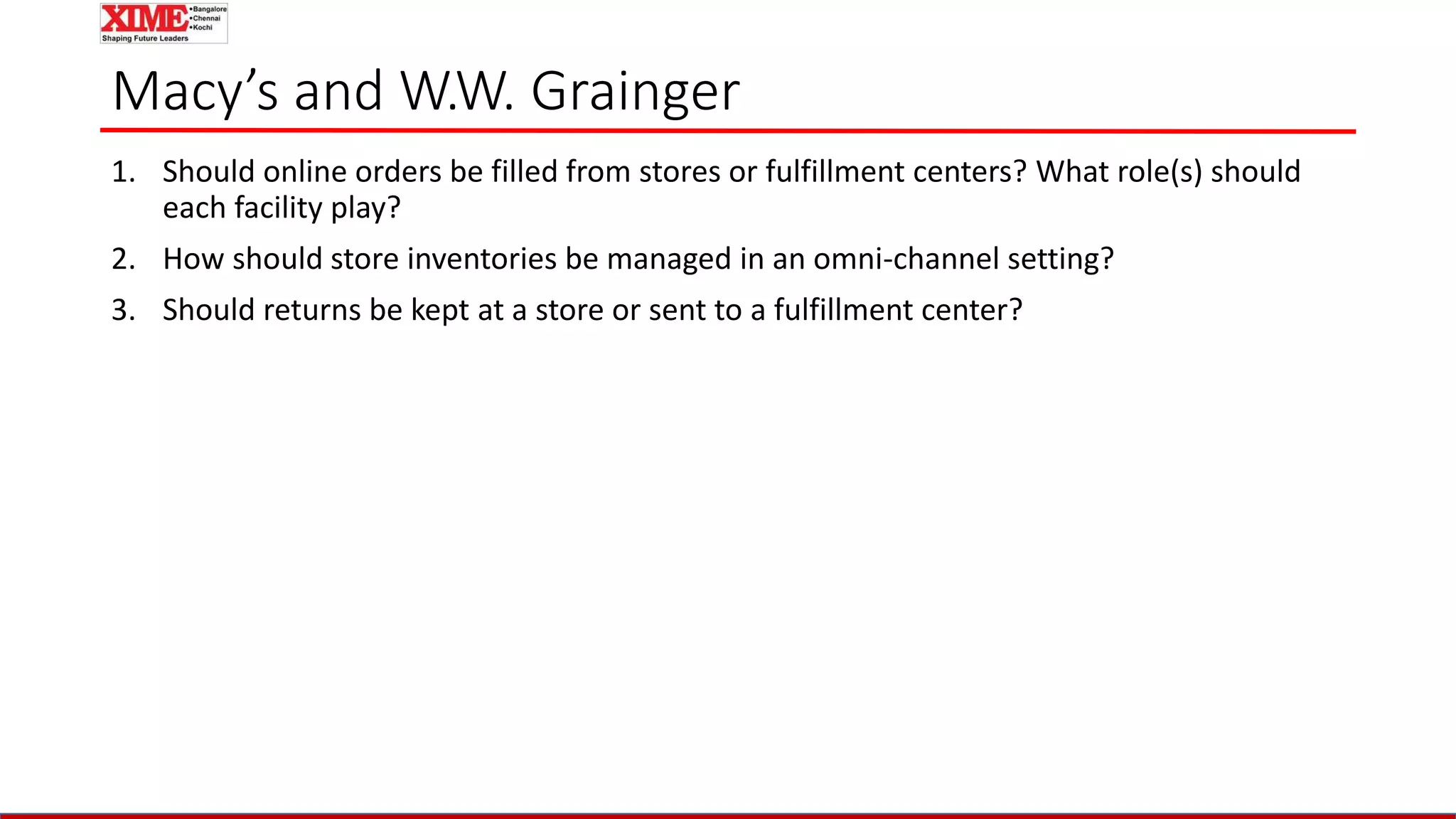 Macy’s and W.W. Grainger
1. Should online orders be filled from stores or fulfillment centers? What role(s) should
each facility play?
2. How should store inventories be managed in an omni-channel setting?
3. Should returns be kept at a store or sent to a fulfillment center?
 