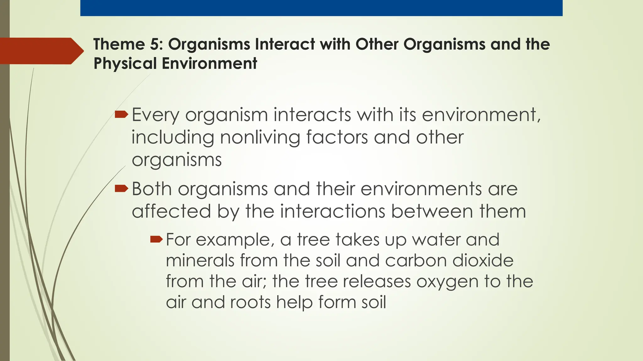 Theme 5: Organisms Interact with Other Organisms and the
Physical Environment
Every organism interacts with its environment,
including nonliving factors and other
organisms
Both organisms and their environments are
affected by the interactions between them
For example, a tree takes up water and
minerals from the soil and carbon dioxide
from the air; the tree releases oxygen to the
air and roots help form soil
 
