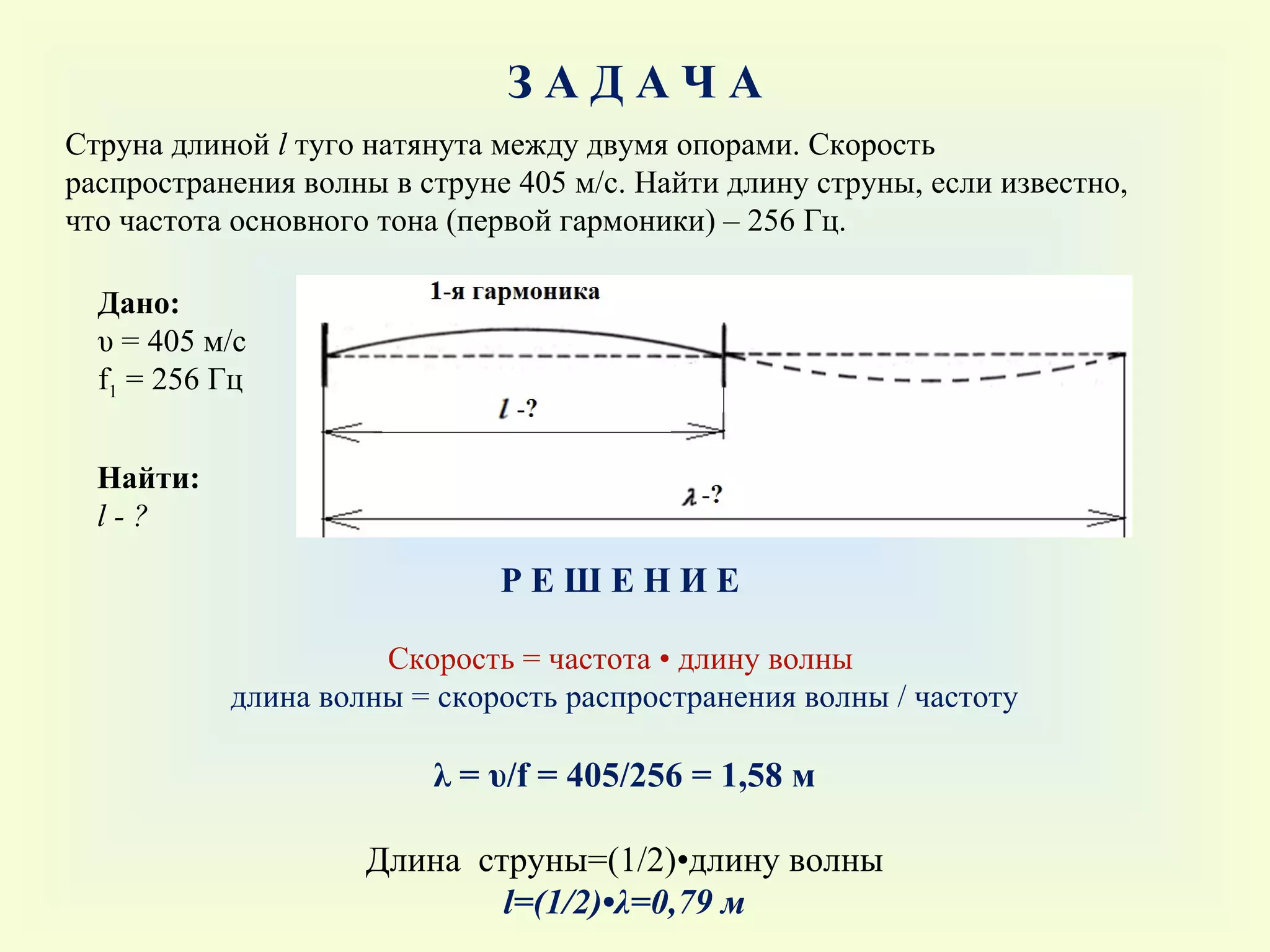 З   А   Д   А   Ч   А Дано : υ = 405  м / с f 1  = 256  Гц Найти : l  -  ? Р Е Ш Е Н И Е  C корость  =  частота  •  длину волны   длина волны  =  скорость распространения волны  /  частоту λ  =  υ /f = 405/256 = 1,58  м Длина  струны =(1/2)• длину волны l=(1/2)• λ =0,79 м Струна длиной  l  туго натянута между двумя опорами. Скорость распространения волны в струне  405  м / с .  Найти длину струны, если известно, что частота основного тона  ( первой гармоники )  – 256 Гц. 