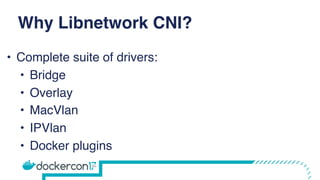 Why Libnetwork CNI?
• Complete suite of drivers:
• Bridge
• Overlay
• MacVlan
• IPVlan
• Docker plugins