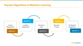 Popular Algorithms in Machine Learning
Algorithm 1
Decision
Tree
Random
Forest
K Nearest
Neighbors
Algorithm 2
Algorithm 3
Algorithm 4
Algorithm 5
Linear
Regression
Logistic
Regression
 