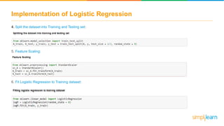 Implementation of Logistic Regression
4. Split the dataset into Training and Testing set:
5. Feature Scaling:
6. Fit Logistic Regression to Training dataset:
 
