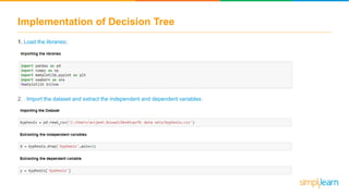 Implementation of Decision Tree
1. Load the libraries:
2. Import the dataset and extract the independent and dependent variables:
 