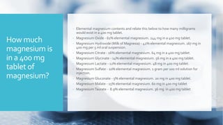 How much
magnesium is
in a 400 mg
tablet of
magnesium?
 Elemental magnesium contents and relate this below to how many milligrams
would exist in a 400 mg tablet.
 Magnesium Oxide - 61% elemental magnesium. 244 mg in a 400 mg tablet.
 Magnesium Hydroxide (Milk of Magnesia) - 42% elemental magnesium. 167 mg in
400 mg per 5 ml oral suspension.
 Magnesium Citrate - 16% elemental magnesium. 64 mg in a 400 mg tablet.
 Magnesium Glycinate - 14% elemental magnesium. 56 mg in a 400 mg tablet.
 Magnesium Lactate - 12% elemental magnesium. 48 mg in 400 mg tablet.
 Magnesium Sulfate - 10% elemental magnesium. 1 gram per 100 ml solution for
injection.
 Magnesium Gluconate - 5% elemental magnesium. 20 mg in 400 mg tablet.
 Magnesium Malate - 15% elemental magnesium. 60 mg in 400 mg tablet
 Magnesium Taurate - 8.9% elemental magnesium. 36 mg in 400 mg tablet
 