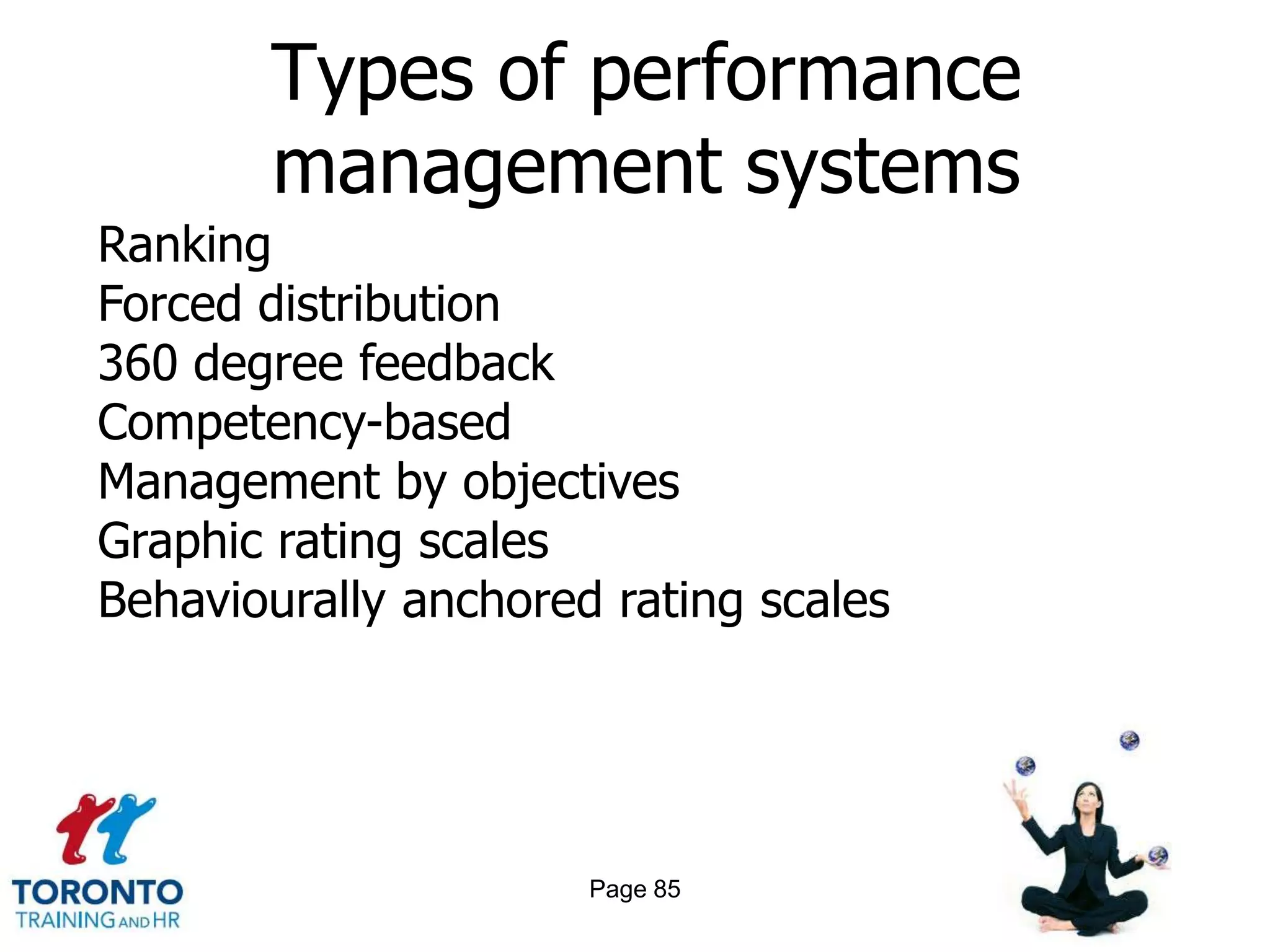 Types of performance
       management systems
Ranking
Forced distribution
360 degree feedback
Competency-based
Management by objectives
Graphic rating scales
Behaviourally anchored rating scales




                      Page 85
 