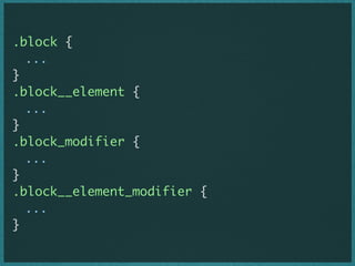 .block {
	 ...
}
.block__element {
	 ...
}
.block_modifier {
	 ...
}
.block__element_modifier {
	 ...
}

 