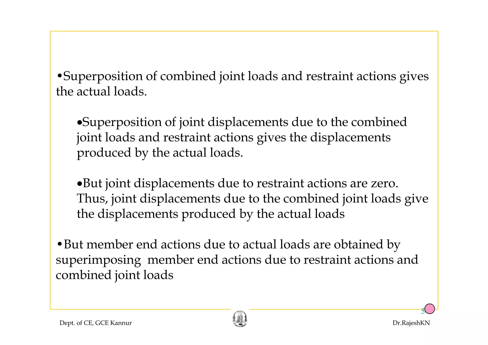 •Superposition of combined joint loads and restraint actions gives
the actual loads.the actual loads.
•Superposition of joint displacements due to the combined
j i l d d i i i h di ljoint loads and restraint actions gives the displacements
produced by the actual loads.
•But joint displacements due to restraint actions are zero.
Thus, joint displacements due to the combined joint loads give
th di l t d d b th t l l dthe displacements produced by the actual loads
•But member end actions due to actual loads are obtained byy
superimposing member end actions due to restraint actions and
combined joint loads
Dept. of CE, GCE Kannur Dr.RajeshKN
54
 
