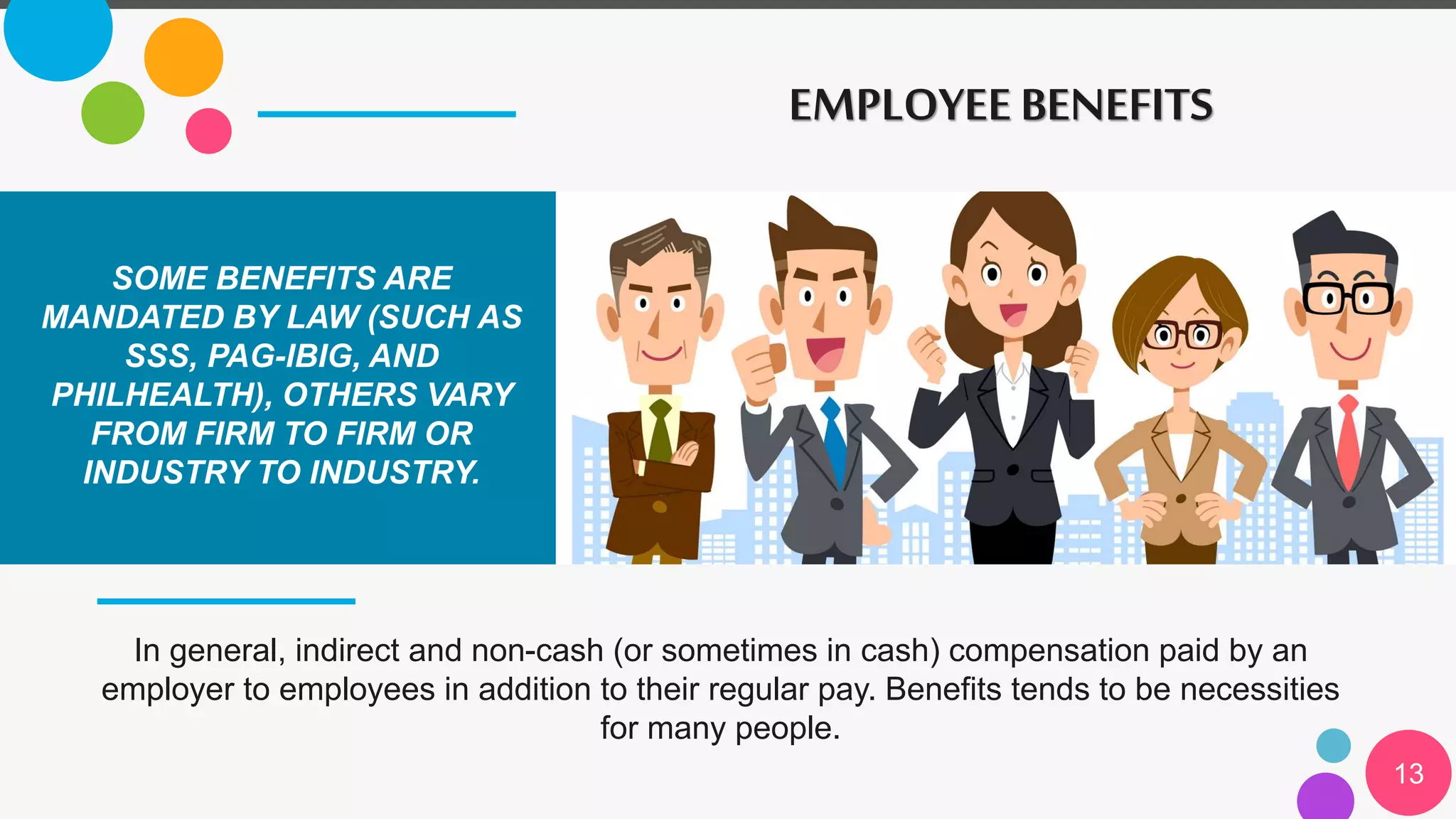 EMPLOYEE BENEFITS
In general, indirect and non-cash (or sometimes in cash) compensation paid by an
employer to employees in addition to their regular pay. Benefits tends to be necessities
for many people.
SOME BENEFITS ARE
MANDATED BY LAW (SUCH AS
SSS, PAG-IBIG, AND
PHILHEALTH), OTHERS VARY
FROM FIRM TO FIRM OR
INDUSTRY TO INDUSTRY.
13
 