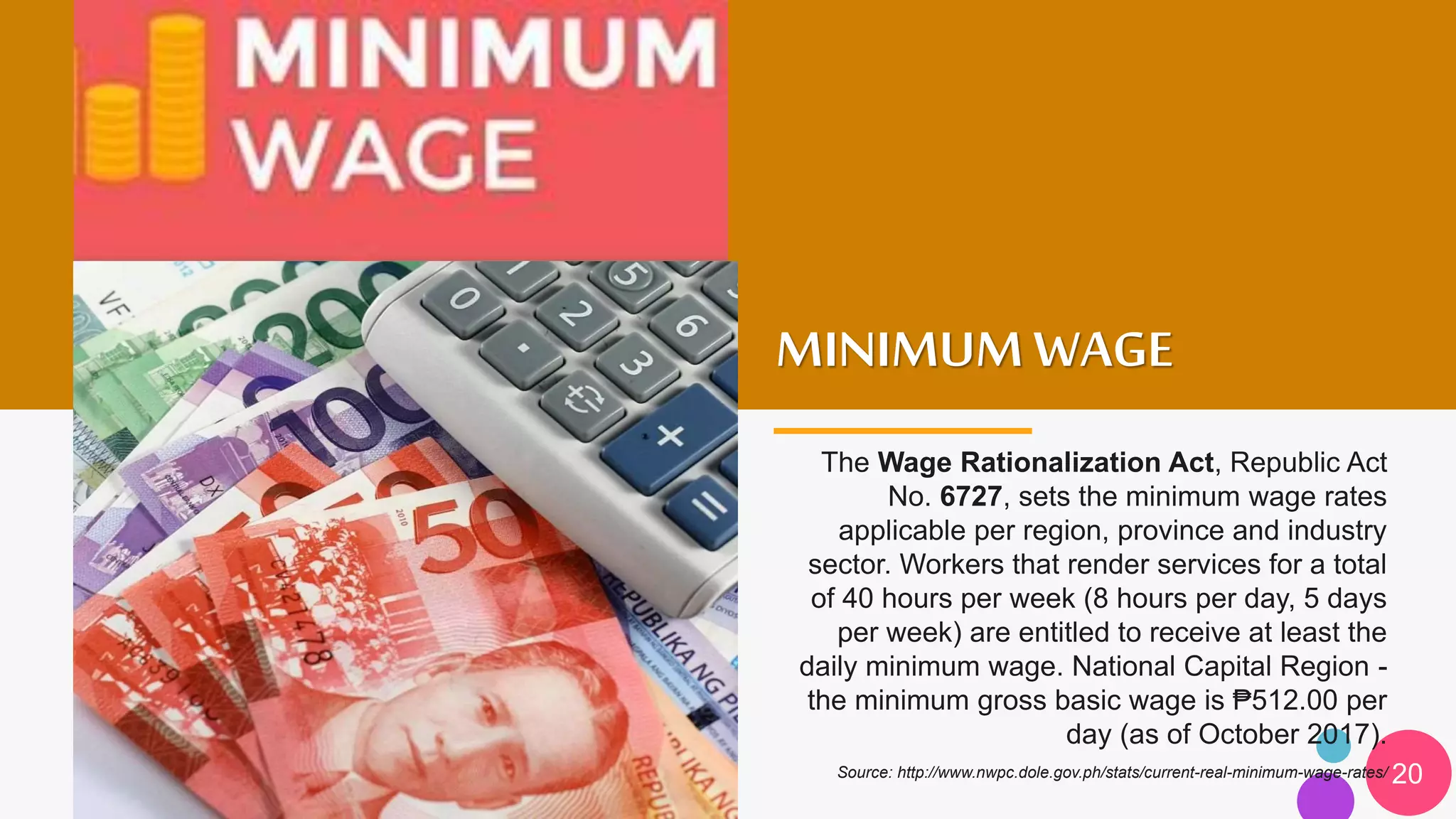 MINIMUM WAGE
The Wage Rationalization Act, Republic Act
No. 6727, sets the minimum wage rates
applicable per region, province and industry
sector. Workers that render services for a total
of 40 hours per week (8 hours per day, 5 days
per week) are entitled to receive at least the
daily minimum wage. National Capital Region -
the minimum gross basic wage is ₱512.00 per
day (as of October 2017).
Source: http://www.nwpc.dole.gov.ph/stats/current-real-minimum-wage-rates/ 20
 