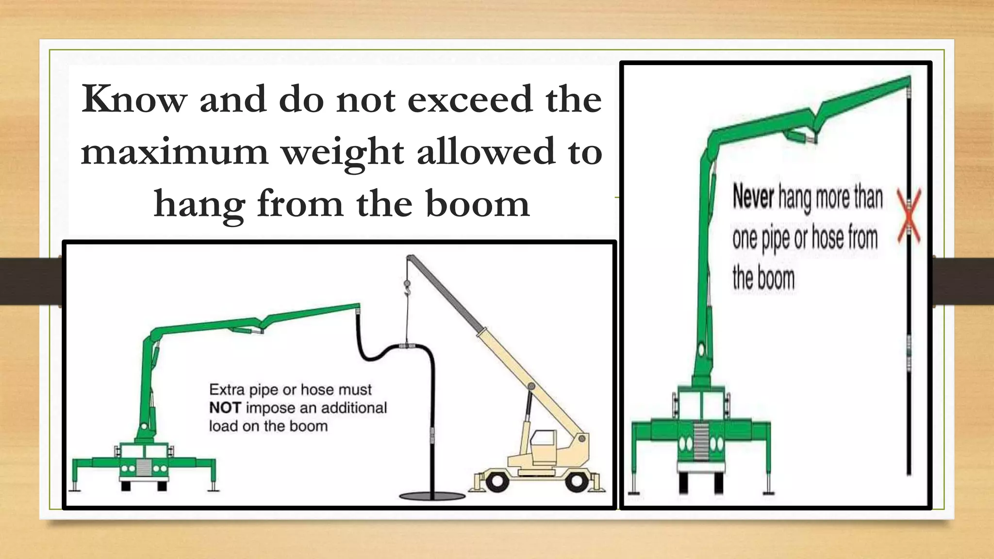 Know and do not exceed the
maximum weight allowed to
hang from the boom
 