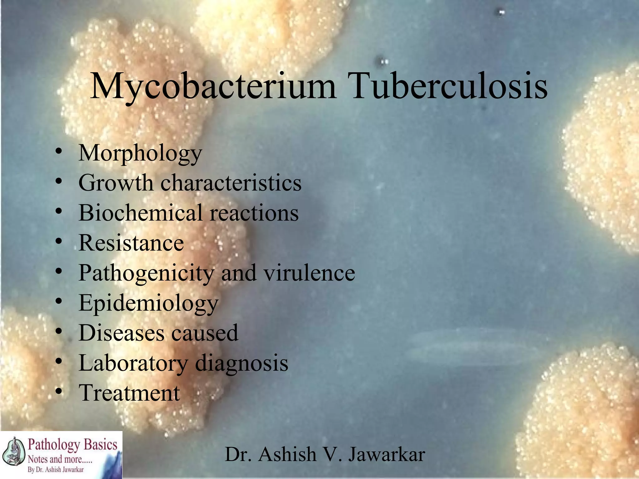 Mycobacterium Tuberculosis
•
•
•
•
•
•
•
•
•

Morphology
Growth characteristics
Biochemical reactions
Resistance
Pathogenicity and virulence
Epidemiology
Diseases caused
Laboratory diagnosis
Treatment
Dr. Ashish V. Jawarkar

 