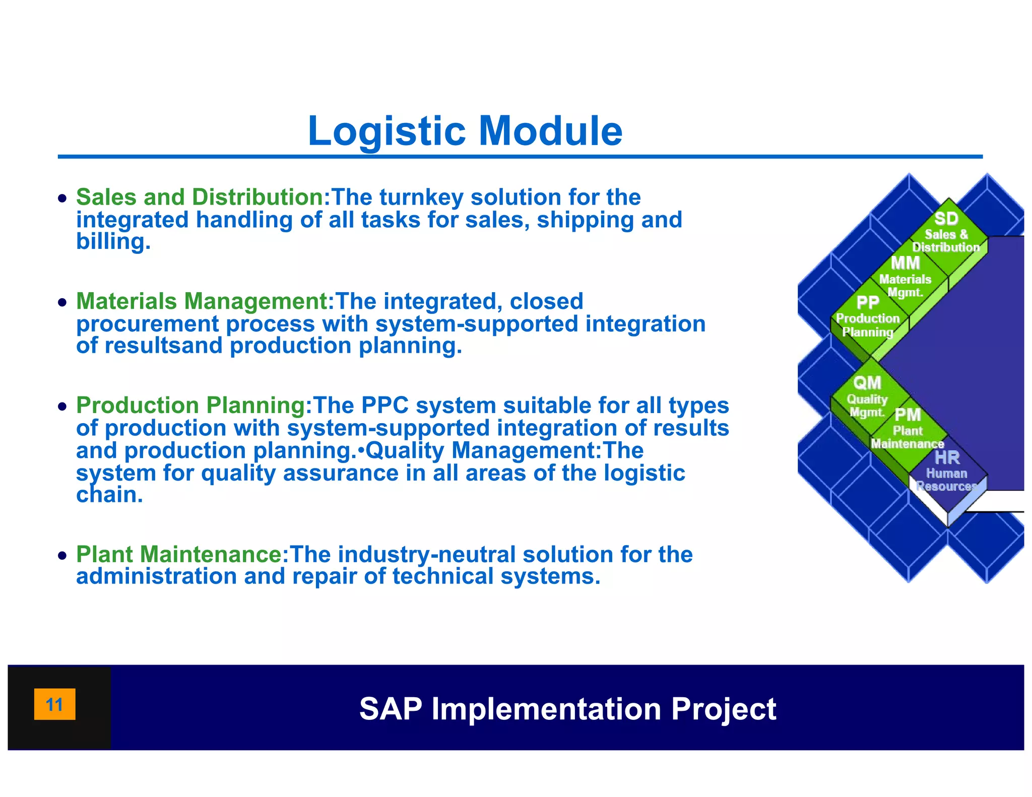 Logistic Module
                          g
  Sales and Distribution:The turnkey solution for the
   integrated handling of all tasks for sales, shipping and
   billing.

  Materials Management:The integrated, closed
   procurement process with system-supported integration
   of resultsand production planning
                            planning.

  Production Planning:The PPC system suitable for all types
   of production with system-supported integration of results
   and production planning •Quality Management:The
                   planning.•Quality
   system for quality assurance in all areas of the logistic
   chain.

  Pl t M i t
   Plant Maintenance:The industry-neutral solution for the
                      Th i d t         t l l ti    f th
   administration and repair of technical systems.




11                          SAP Implementation Project
 